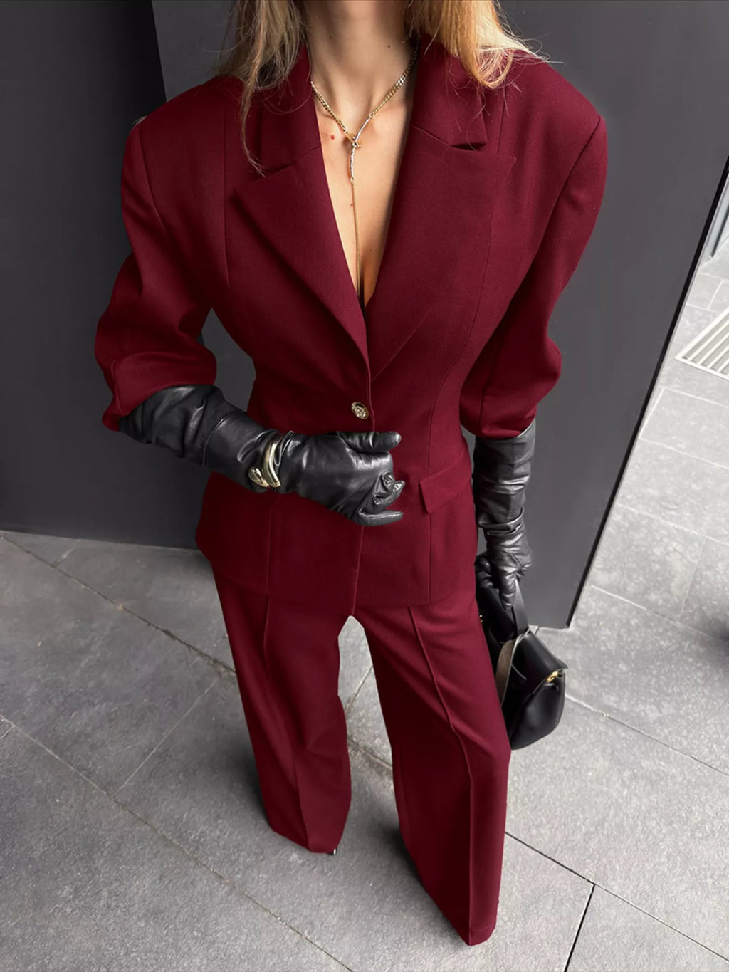 Lapel Collar Blazer and Wide-Leg Pants Set