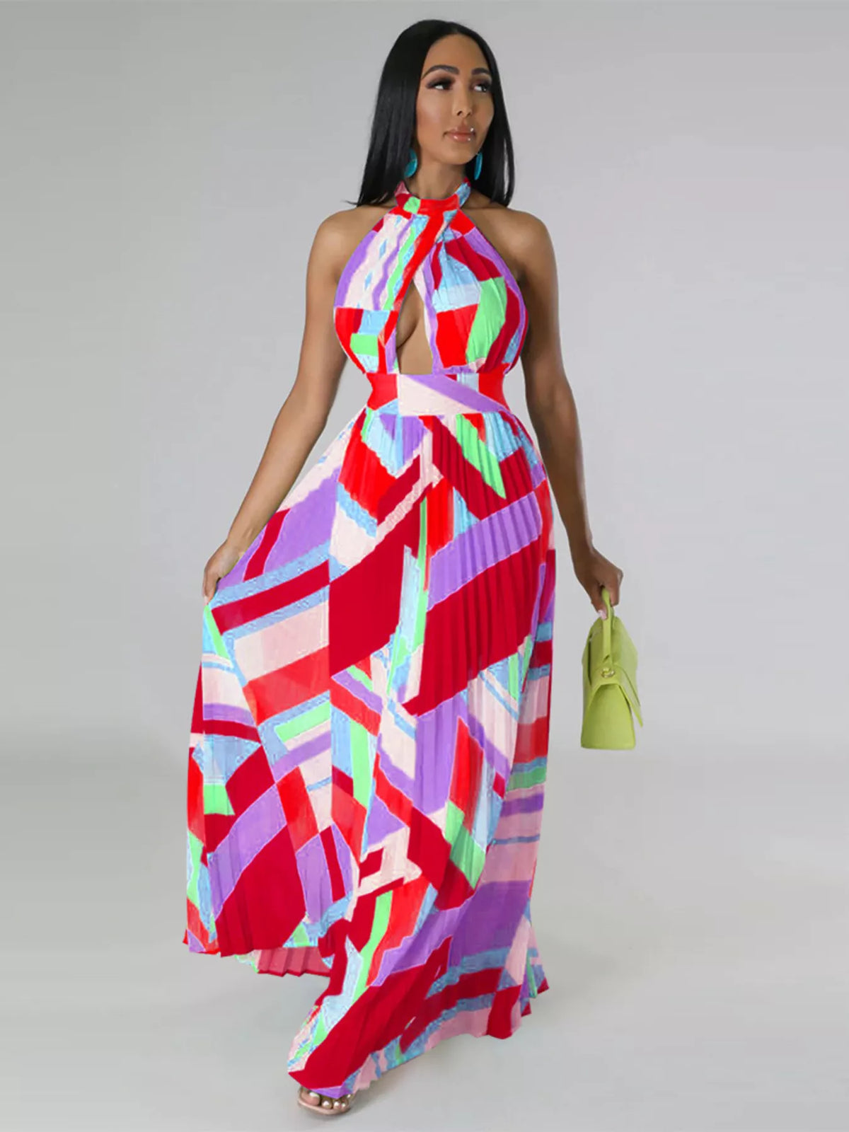 The Halter Geometric Pleated Maxi Dress