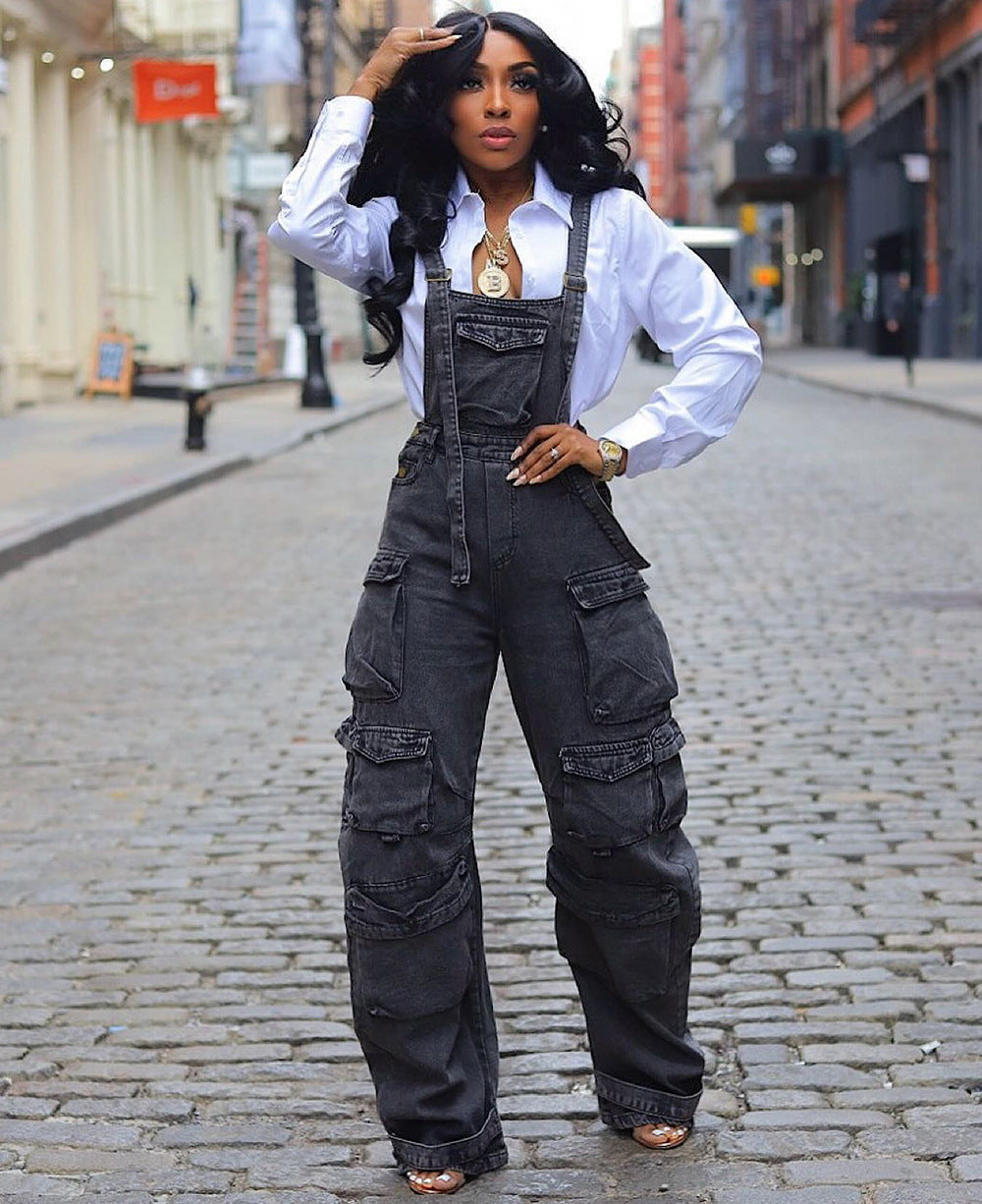 Denim Cargo Overall Jumpsuit | Wide-Leg Bib Multi-Pocket Loose Fit