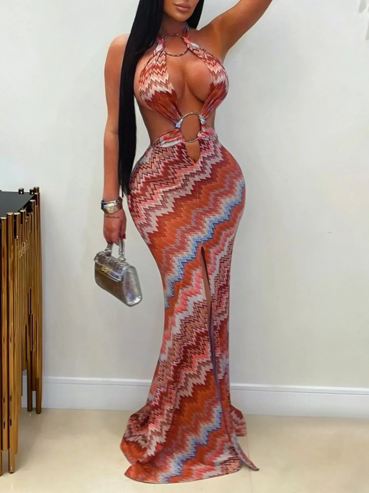 The Sunset Rhythm Chevron Cutout Maxi Dress