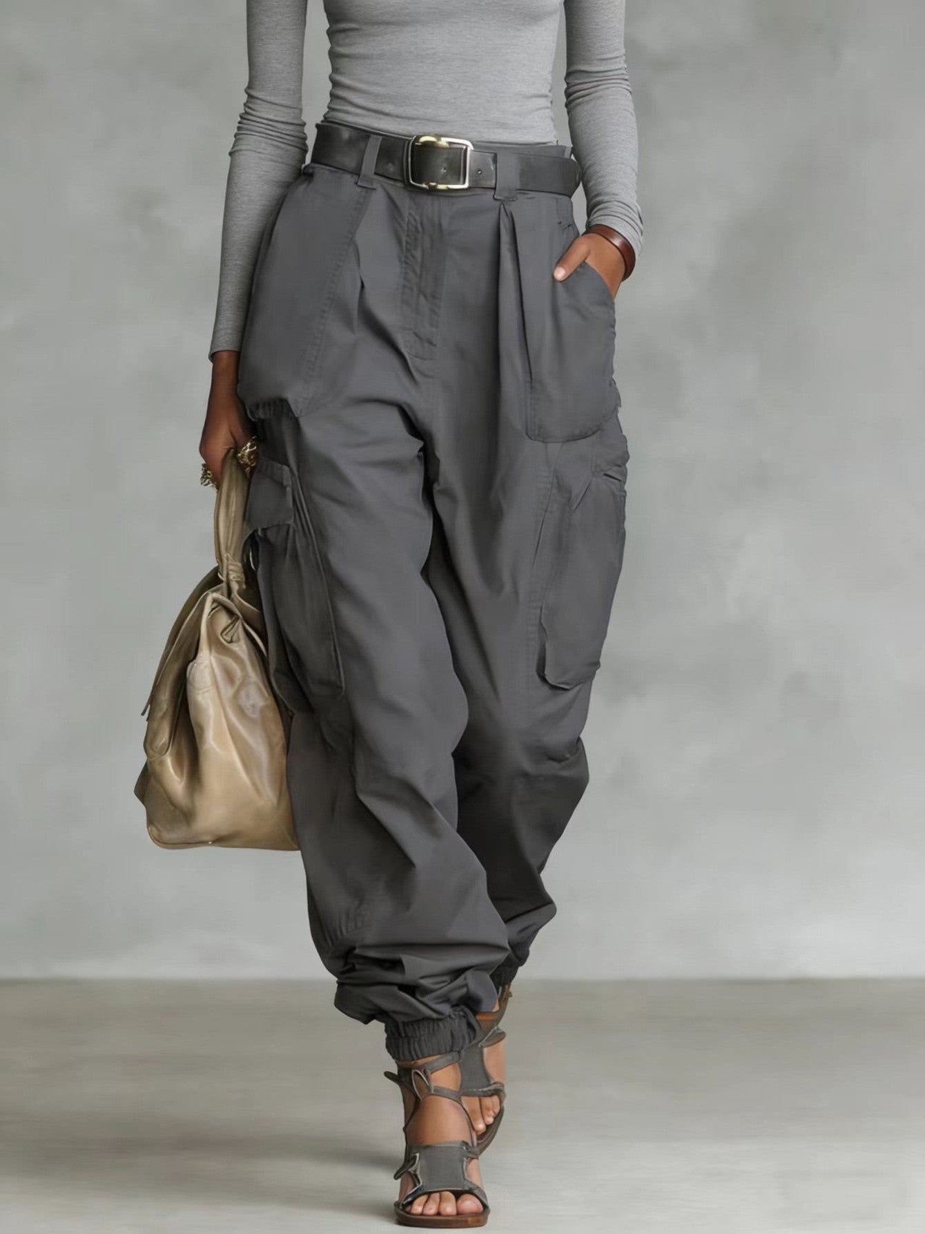 High-Waist Cargo Jogger Pants | Balloon Fit Side Pockets Gathered Ankle