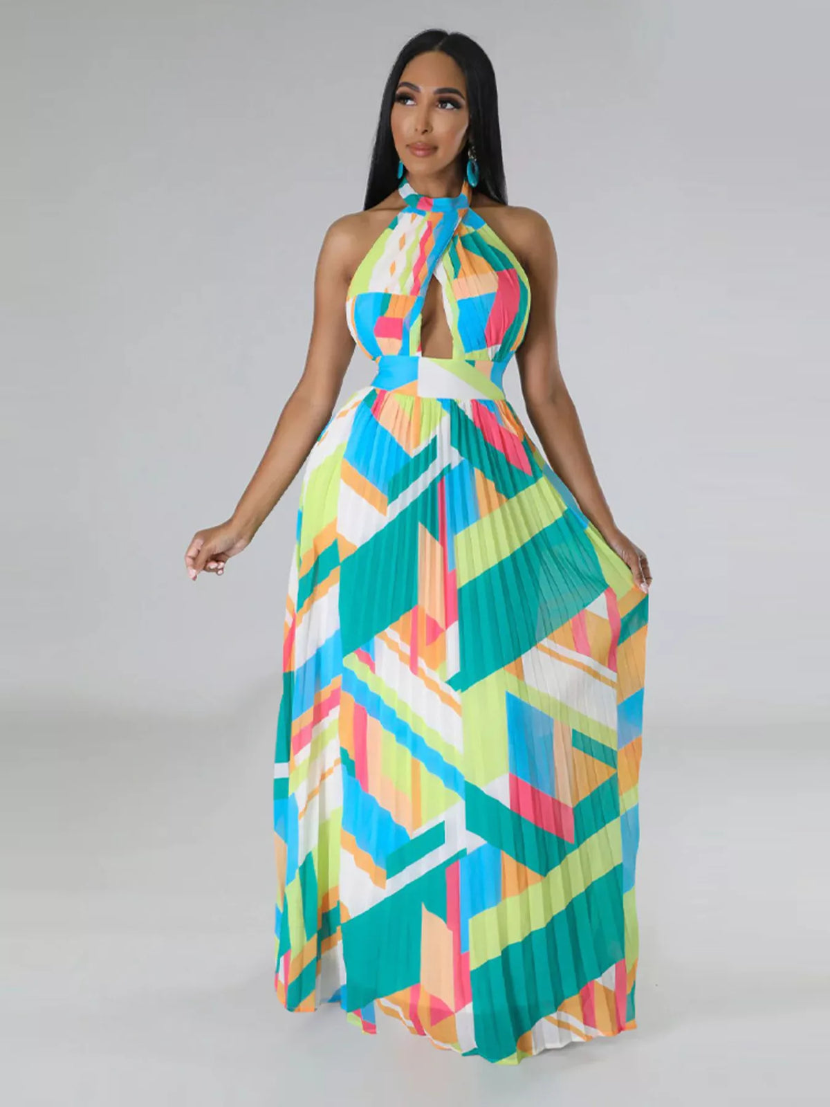 The Halter Geometric Pleated Maxi Dress