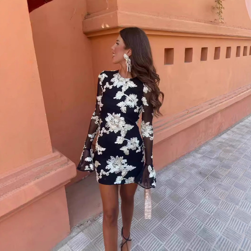 The Bloom Soirée Floral Bell-Sleeve Mini Dress