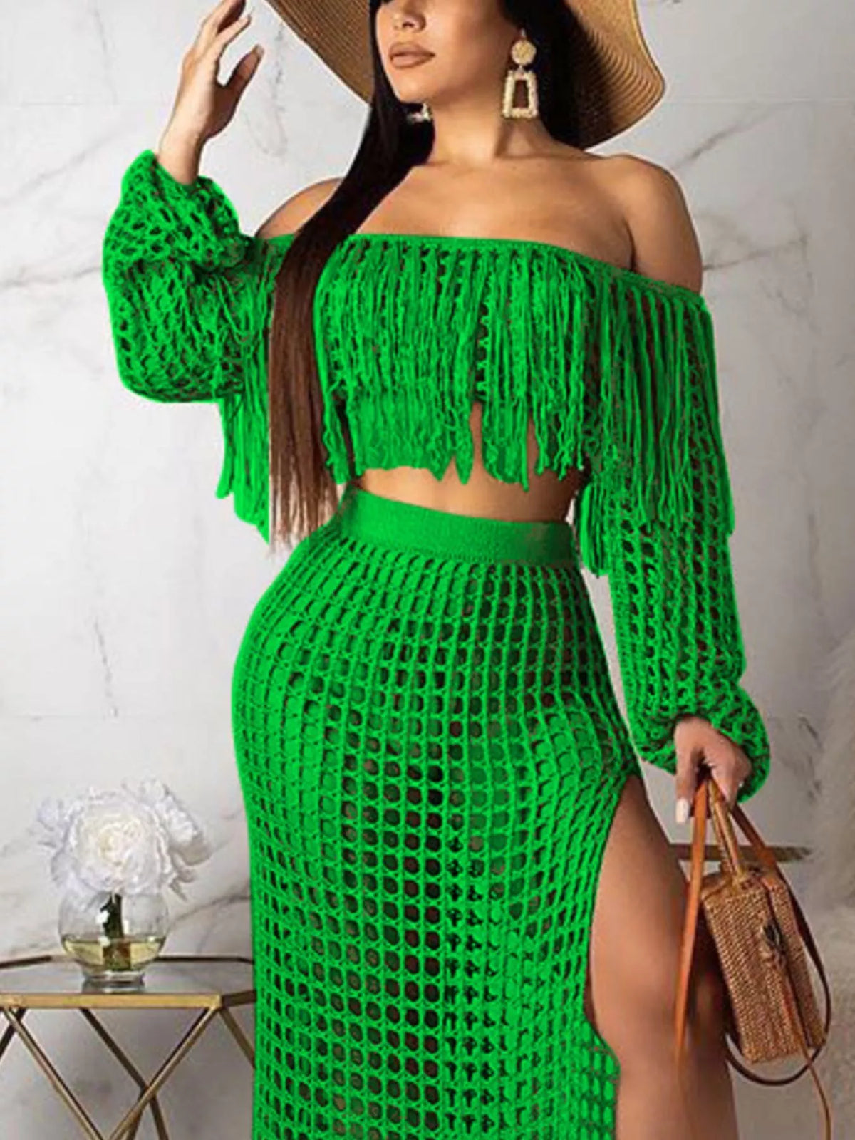 The Coastal Fringe Crochet Skirt Set