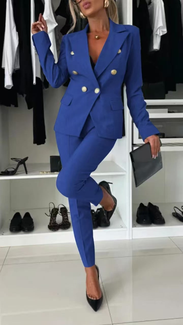 Double-Breasted Lapel Blazer & Zip-Up Trousers Suit | Women's Two-Piece Commute Set