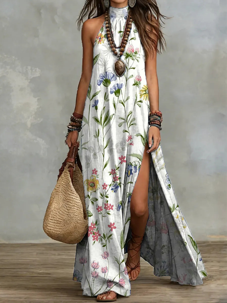 Sleeveless Split Maxi Dress | Floral & Leopard Print Floor-Length Dress