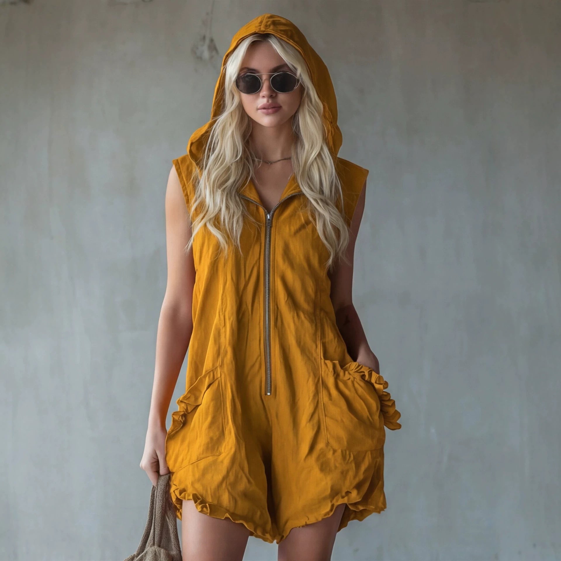 Hooded Zip-Up Cropped Jumpsuit | Women's Sleeveless Retro Cotton-Linen One-Piece