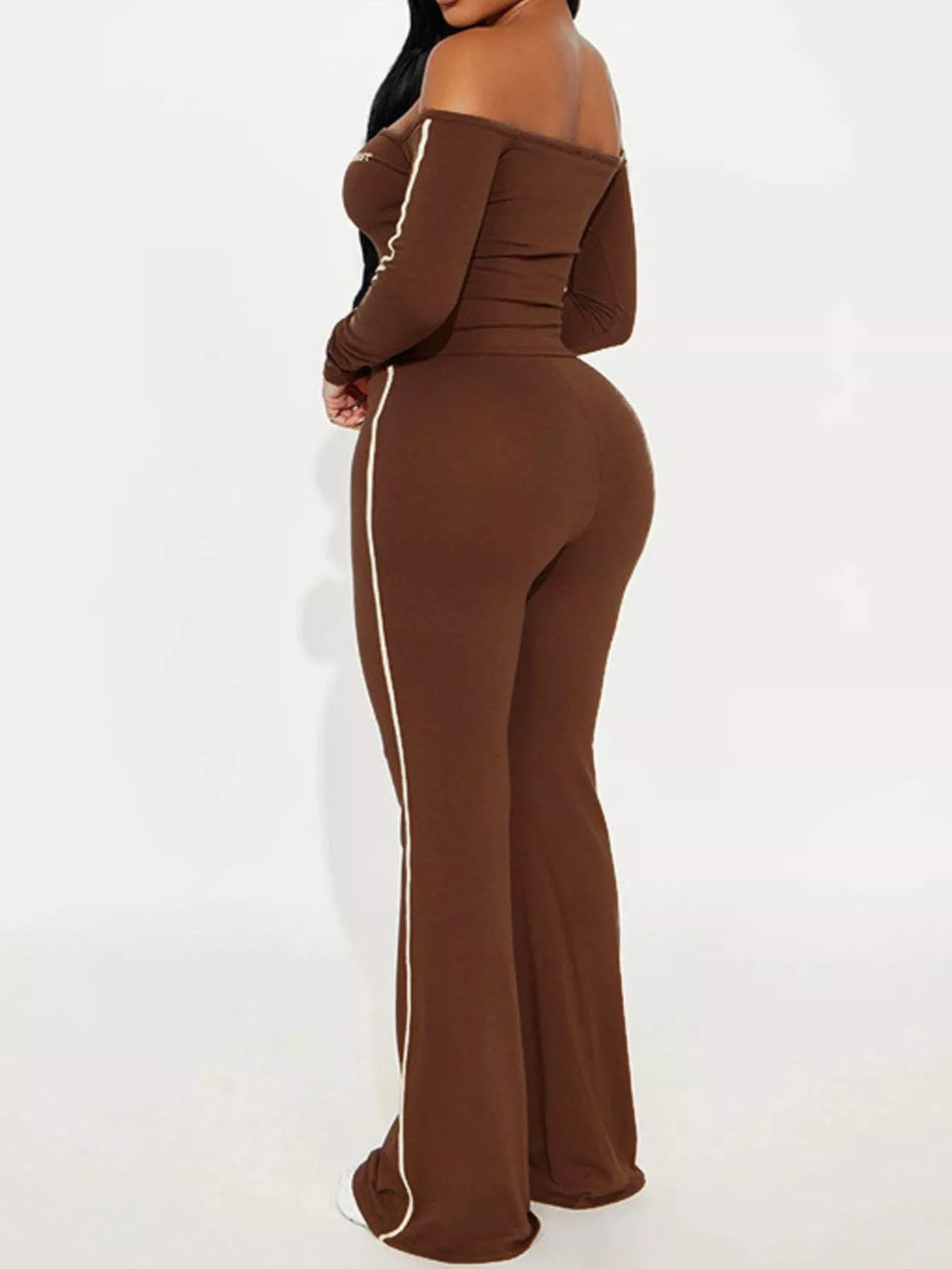 The Mocha Varsity Off-Shoulder Flare Pants Set