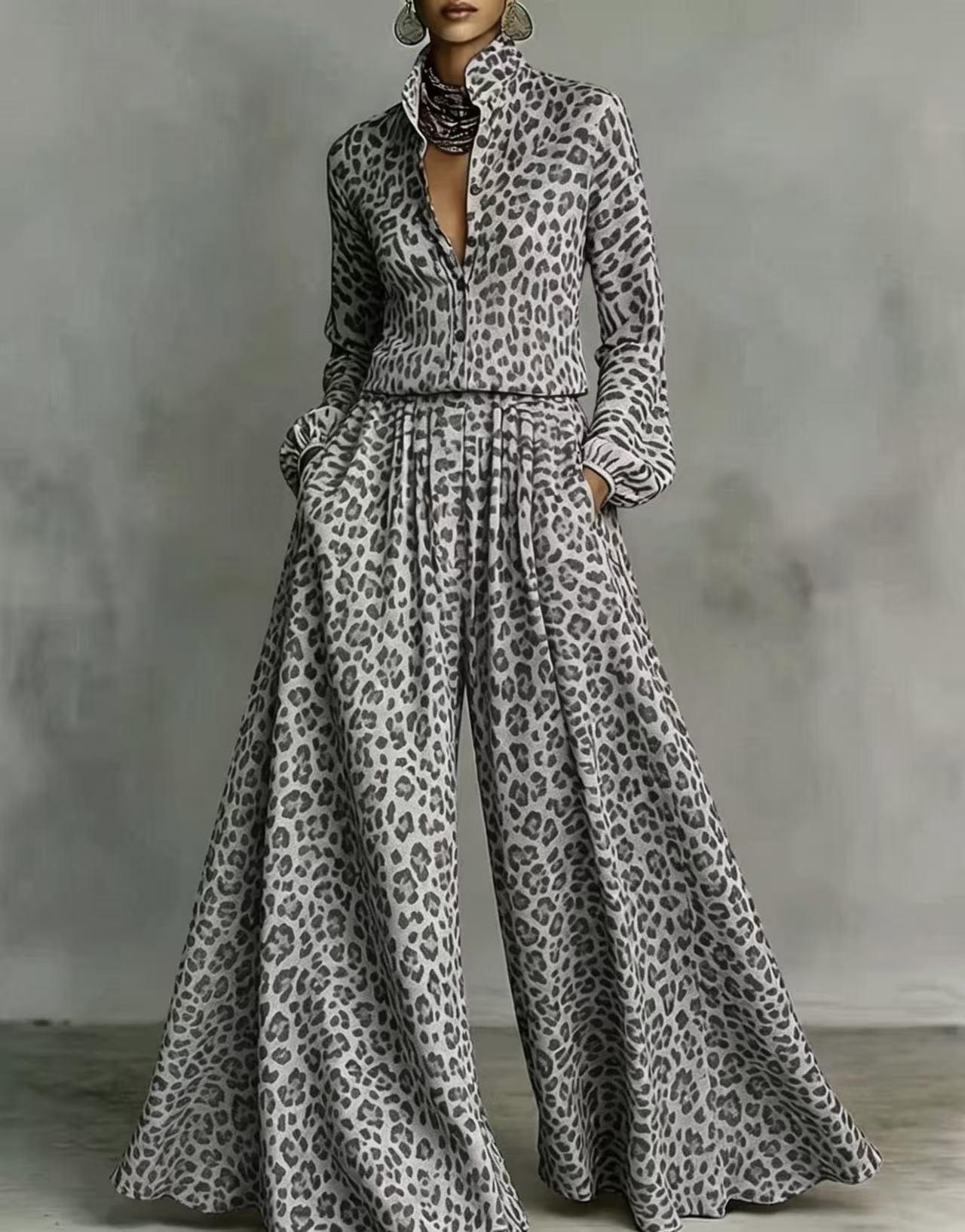Leopard Print Wide-Leg Pants Set | Women's Two-Piece Long Sleeve Outfit