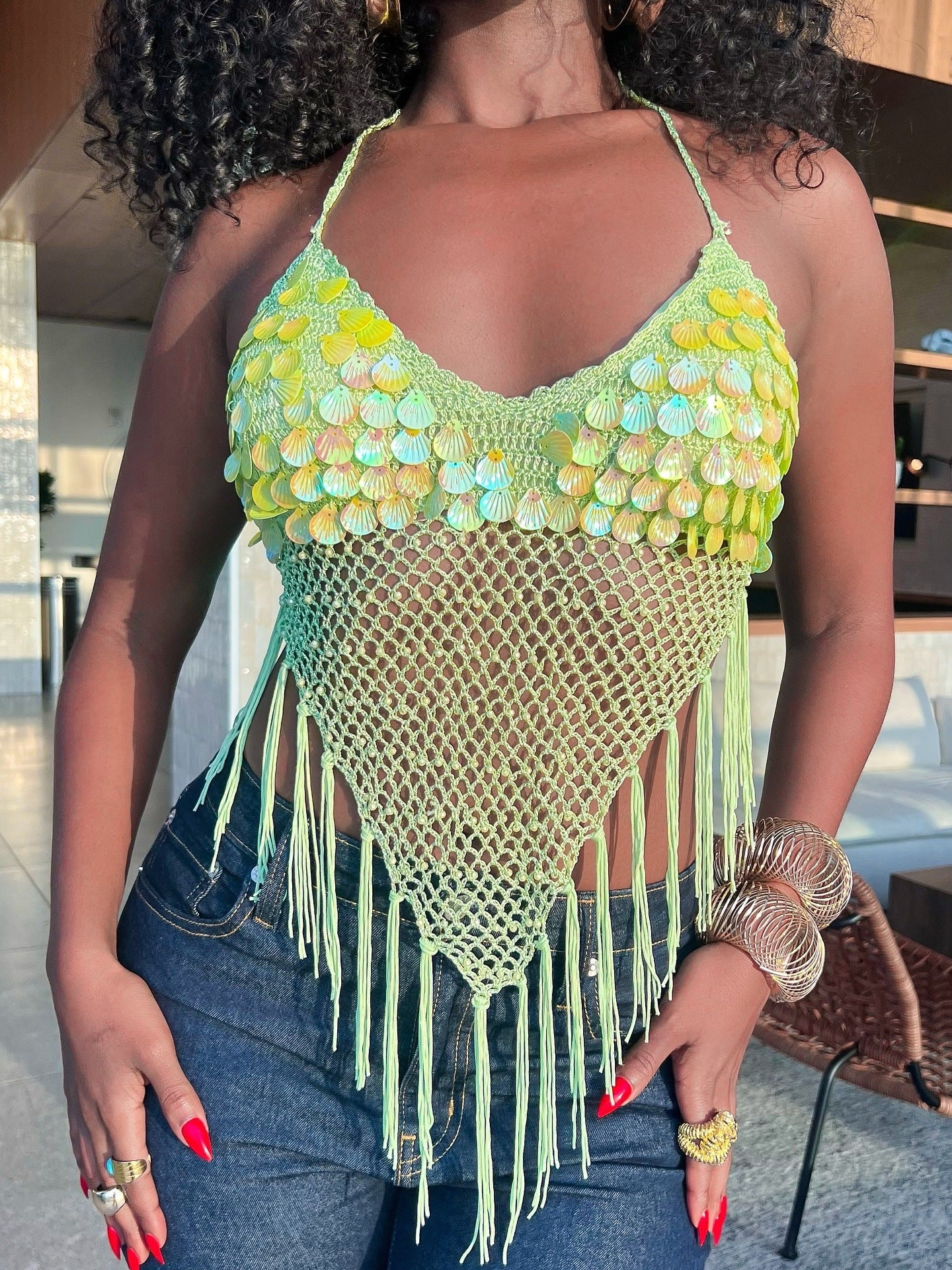 Sequin Disc Halter Crochet Fringe Crop Top