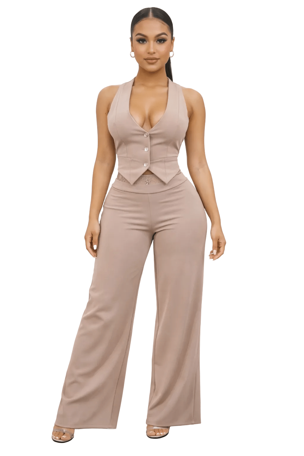Grace in Power Lace-Detail Vest & Wide-Leg Pants Set