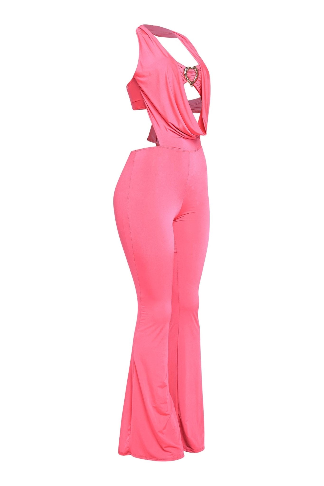 Houston Babe Halter Jumpsuit | Deep Cowl Neck Rhinestone Heart Flare