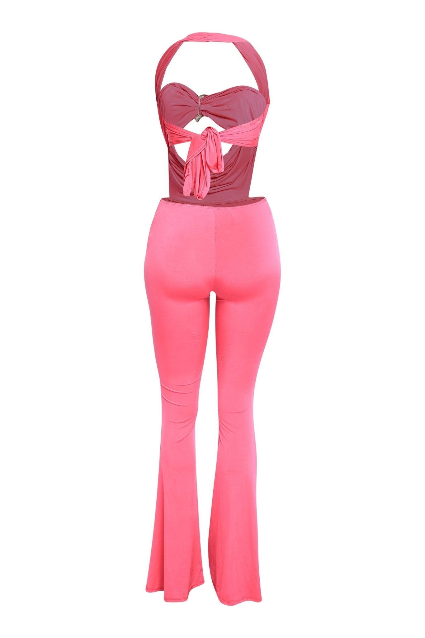 Houston Babe Halter Jumpsuit | Deep Cowl Neck Rhinestone Heart Flare
