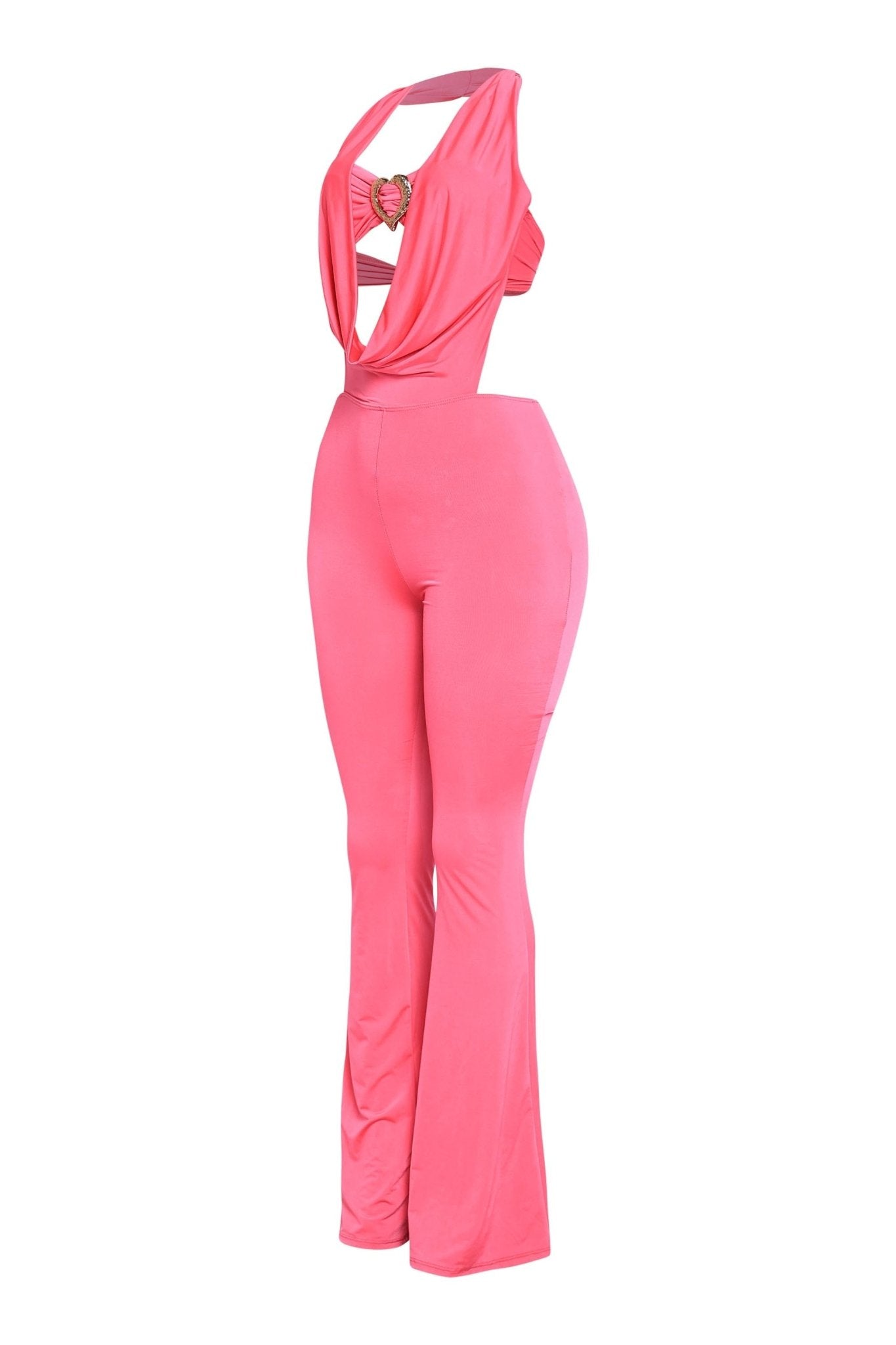 Houston Babe Halter Jumpsuit | Deep Cowl Neck Rhinestone Heart Flare