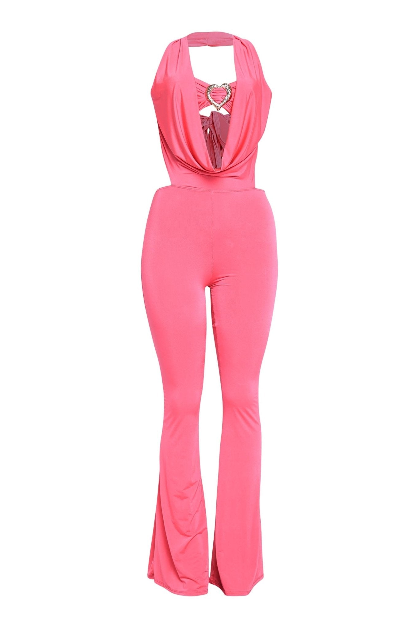 Houston Babe Halter Jumpsuit | Deep Cowl Neck Rhinestone Heart Flare