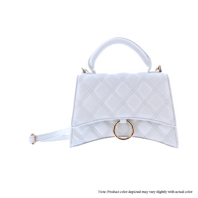 Quilted Mini Top Handle Crossbody Bag with Gold Ring Clasp – White