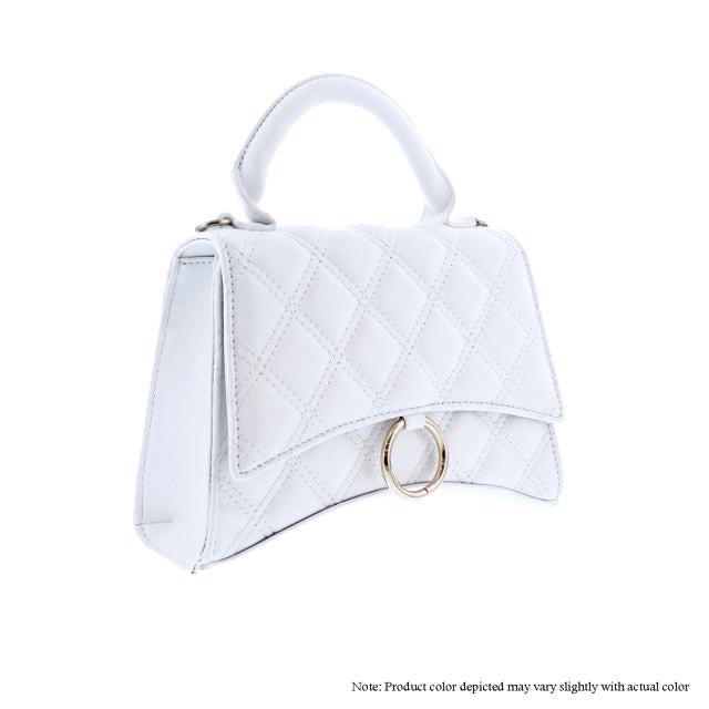 Quilted Mini Top Handle Crossbody Bag with Gold Ring Clasp – White
