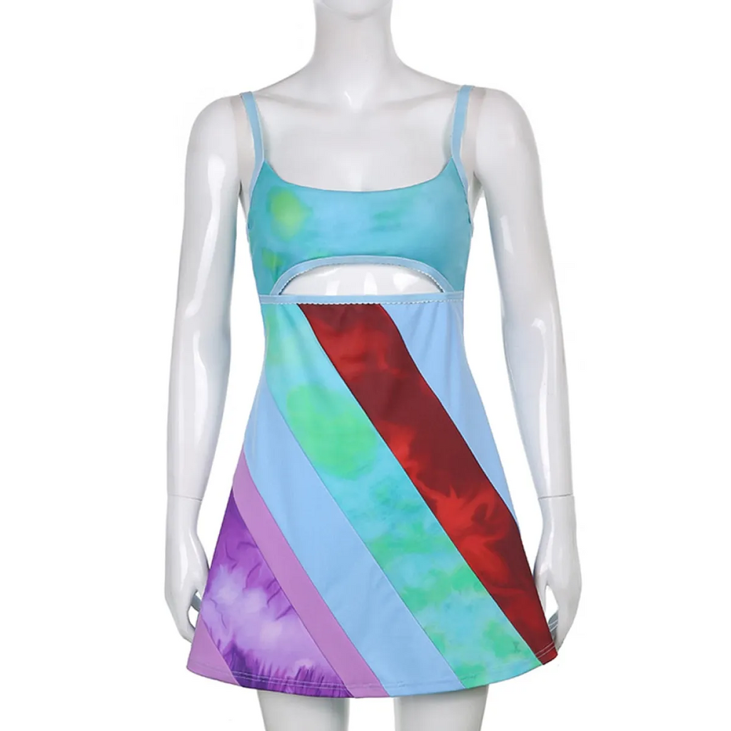 13 Going On 30 Dress – Y2K Multicolor Patchwork Cutout Mini