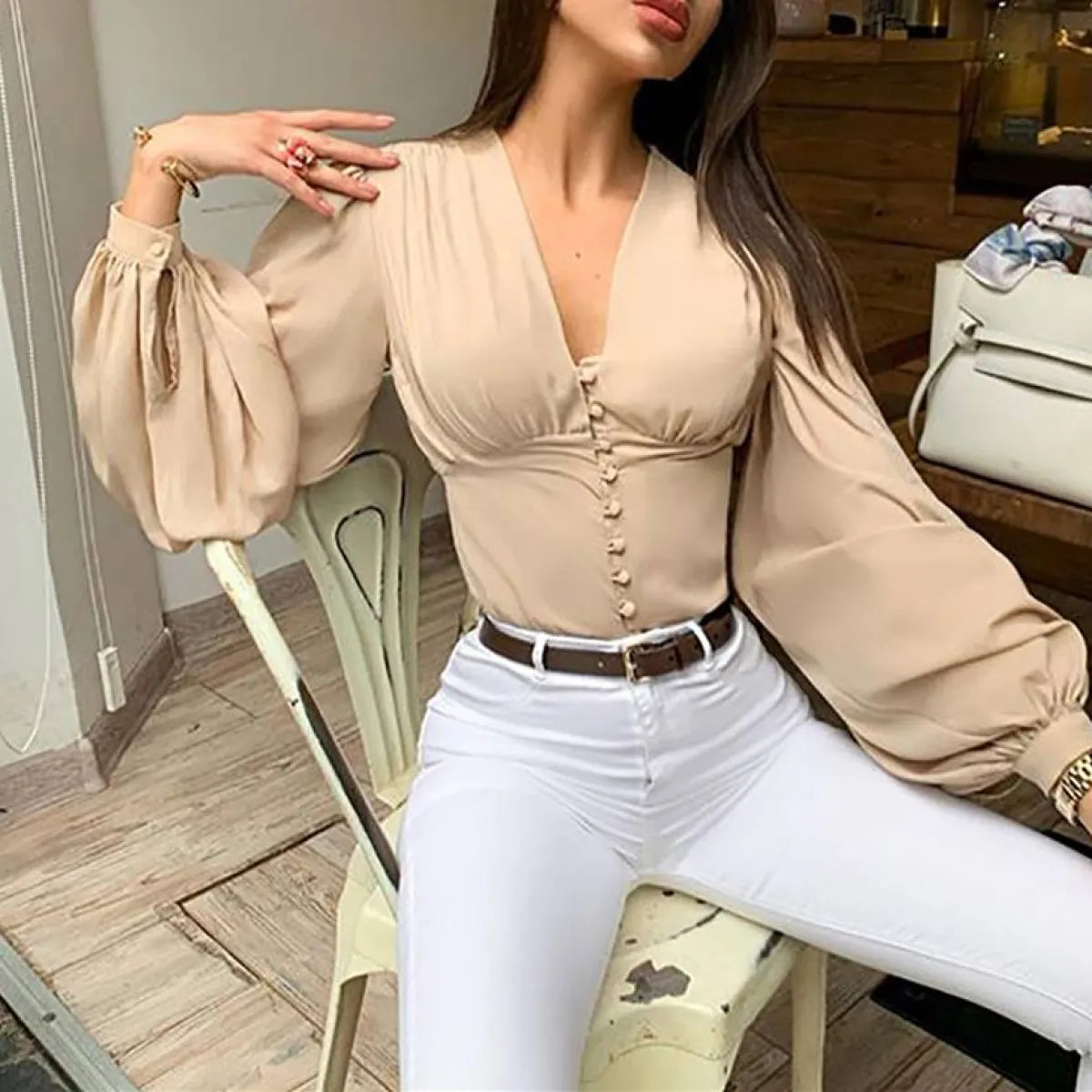 The Café Chic Lantern Sleeve Blouse