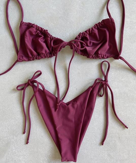 Ruched Triangle Bikini Set | String Tie Top & Side-Tie Brazilian Bottoms