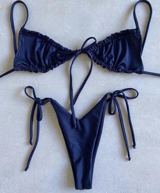 Ruched Triangle Bikini Set | String Tie Top & Side-Tie Brazilian Bottoms