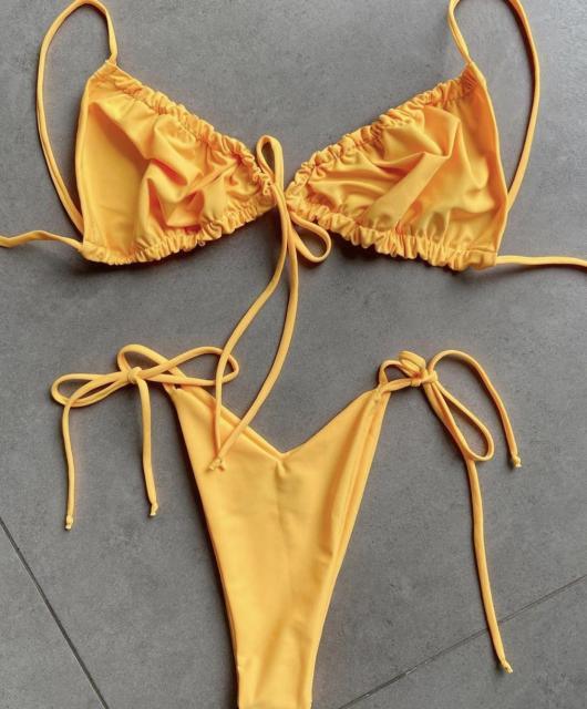Ruched Triangle Bikini Set | String Tie Top & Side-Tie Brazilian Bottoms