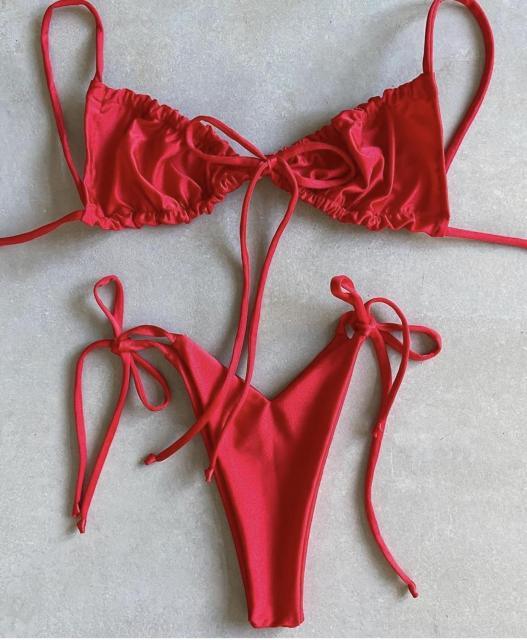 Ruched Triangle Bikini Set | String Tie Top & Side-Tie Brazilian Bottoms