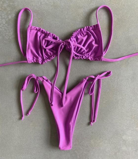 Ruched Triangle Bikini Set | String Tie Top & Side-Tie Brazilian Bottoms