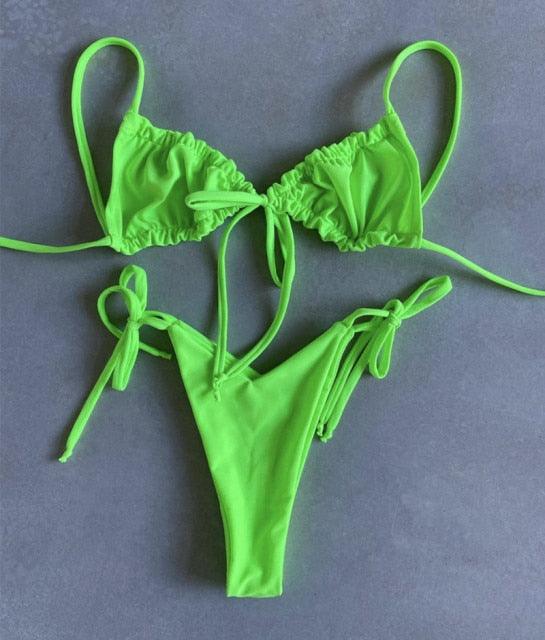 Ruched Triangle Bikini Set | String Tie Top & Side-Tie Brazilian Bottoms