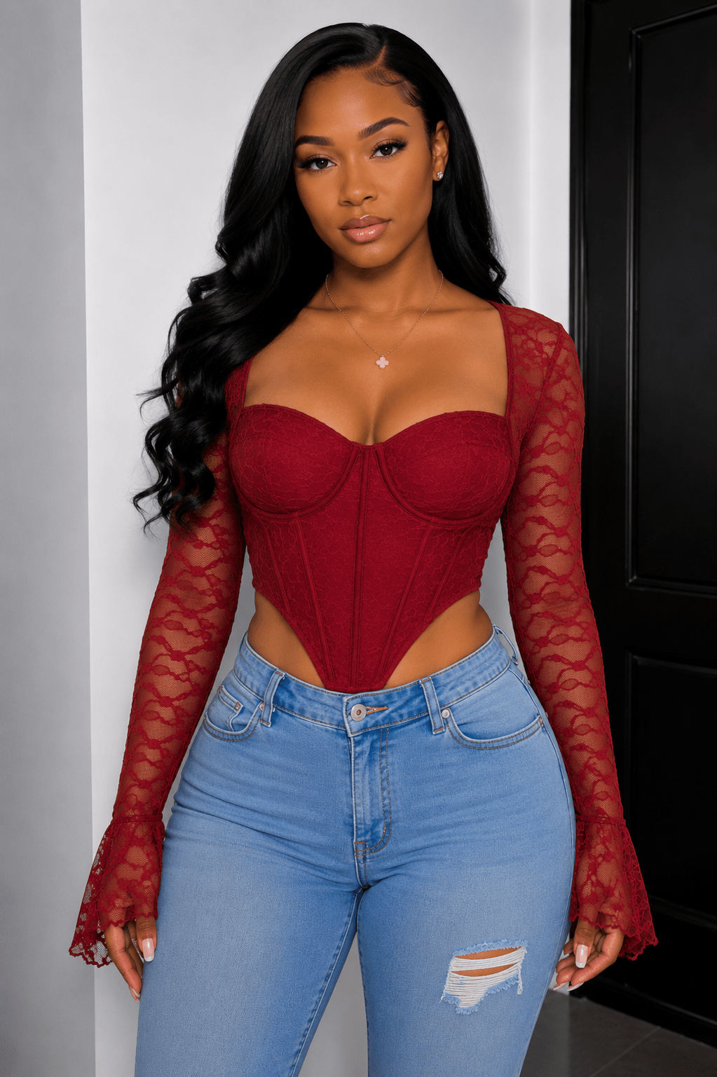 Marissa Long Sleeve Laced Crop Top Bustier – Lace Corset Top for Women