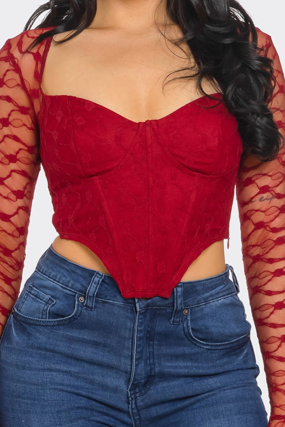Marissa Long Sleeve Laced Crop Top Bustier – Lace Corset Top for Women