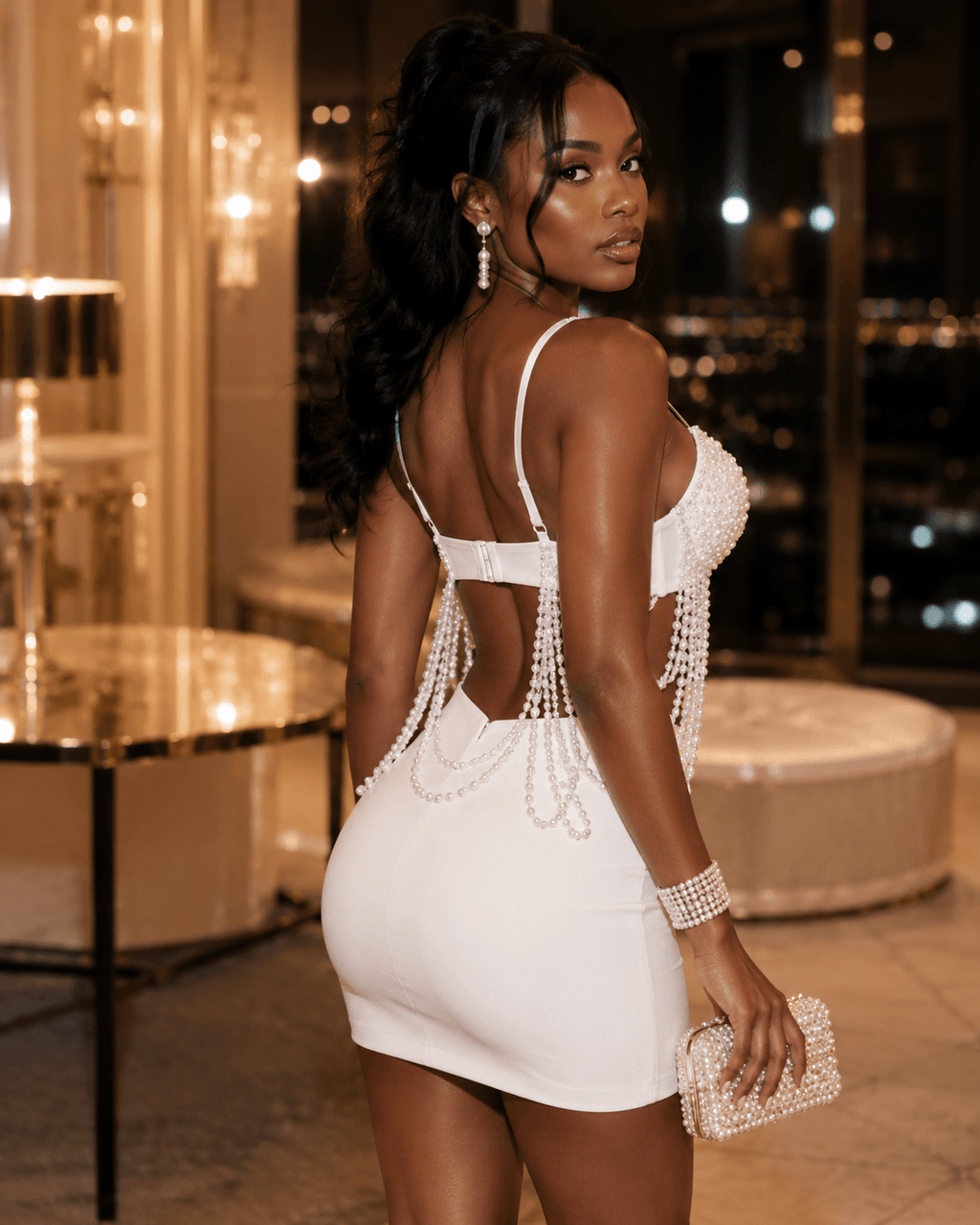Pearl-Effect Beaded Fringe Bustier Crop Top