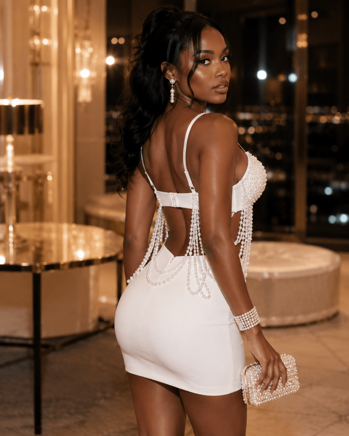 Pearl-Effect Beaded Fringe Bustier Crop Top