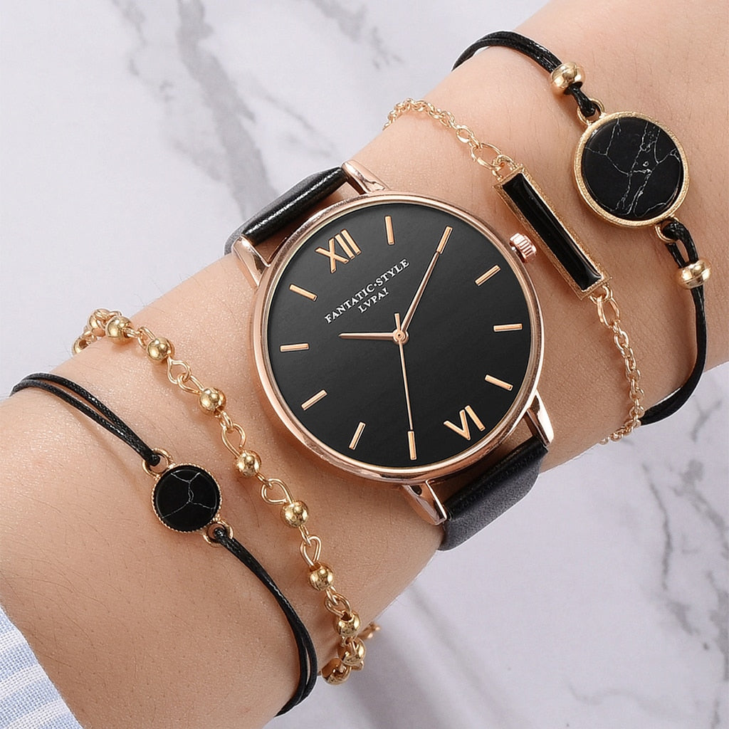 5-Piece Watch & Bracelet Stack Set | Analog Quartz Watch + 4 Stackable Bracelets