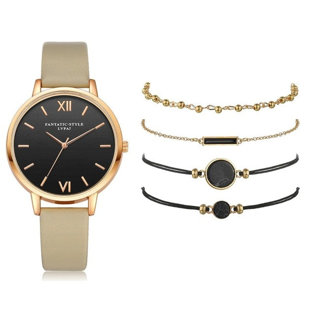 5-Piece Watch & Bracelet Stack Set | Analog Quartz Watch + 4 Stackable Bracelets