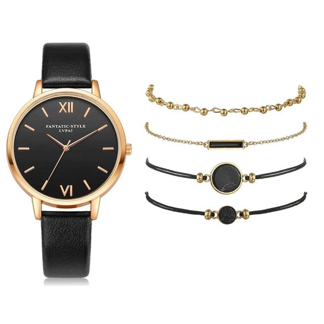 5-Piece Watch & Bracelet Stack Set | Analog Quartz Watch + 4 Stackable Bracelets