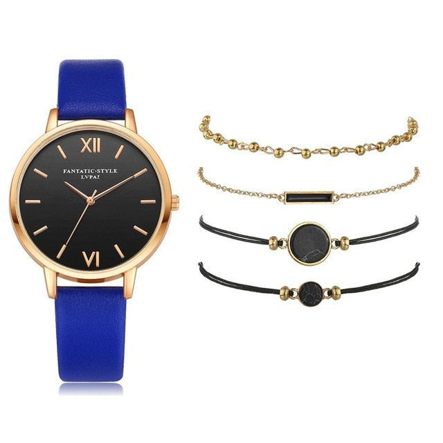 5-Piece Watch & Bracelet Stack Set | Analog Quartz Watch + 4 Stackable Bracelets
