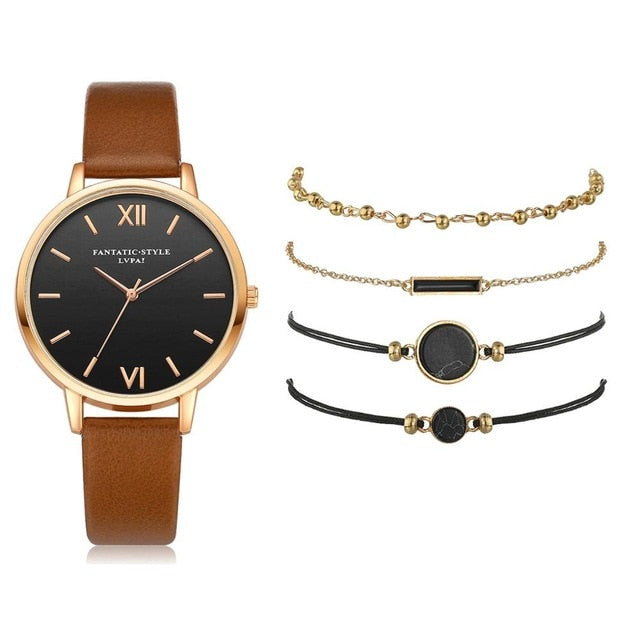 5-Piece Watch & Bracelet Stack Set | Analog Quartz Watch + 4 Stackable Bracelets