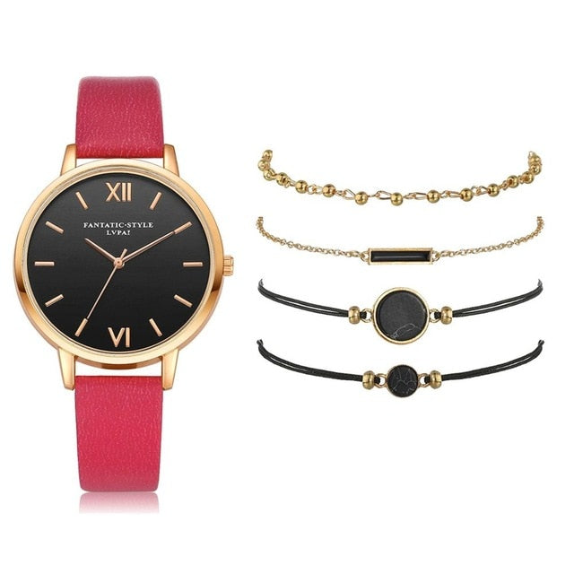 5-Piece Watch & Bracelet Stack Set | Analog Quartz Watch + 4 Stackable Bracelets