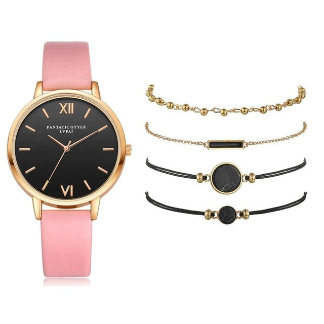 5-Piece Watch & Bracelet Stack Set | Analog Quartz Watch + 4 Stackable Bracelets