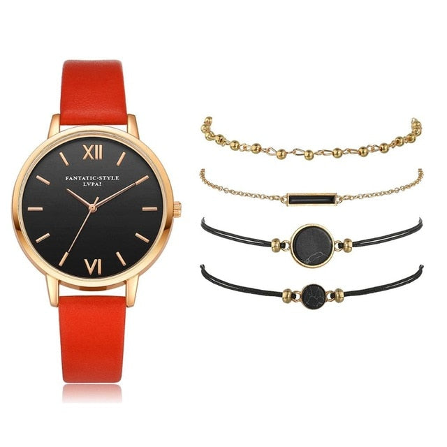 5-Piece Watch & Bracelet Stack Set | Analog Quartz Watch + 4 Stackable Bracelets