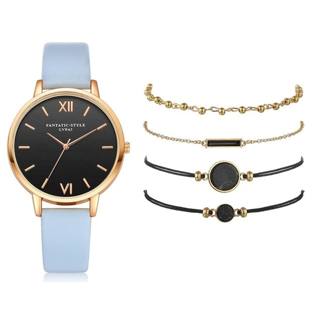 5-Piece Watch & Bracelet Stack Set | Analog Quartz Watch + 4 Stackable Bracelets