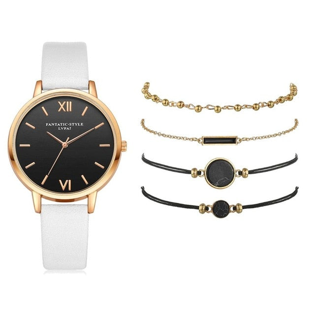 5-Piece Watch & Bracelet Stack Set | Analog Quartz Watch + 4 Stackable Bracelets