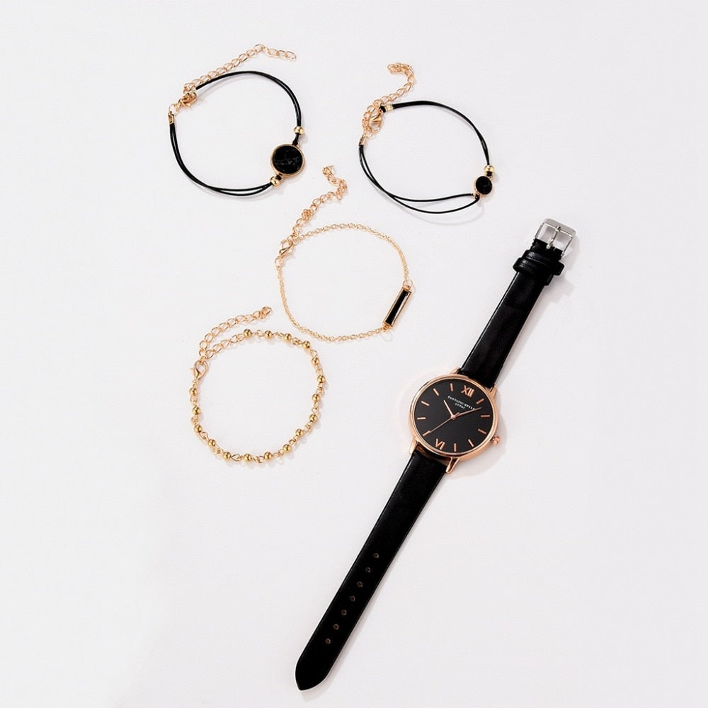5-Piece Watch & Bracelet Stack Set | Analog Quartz Watch + 4 Stackable Bracelets