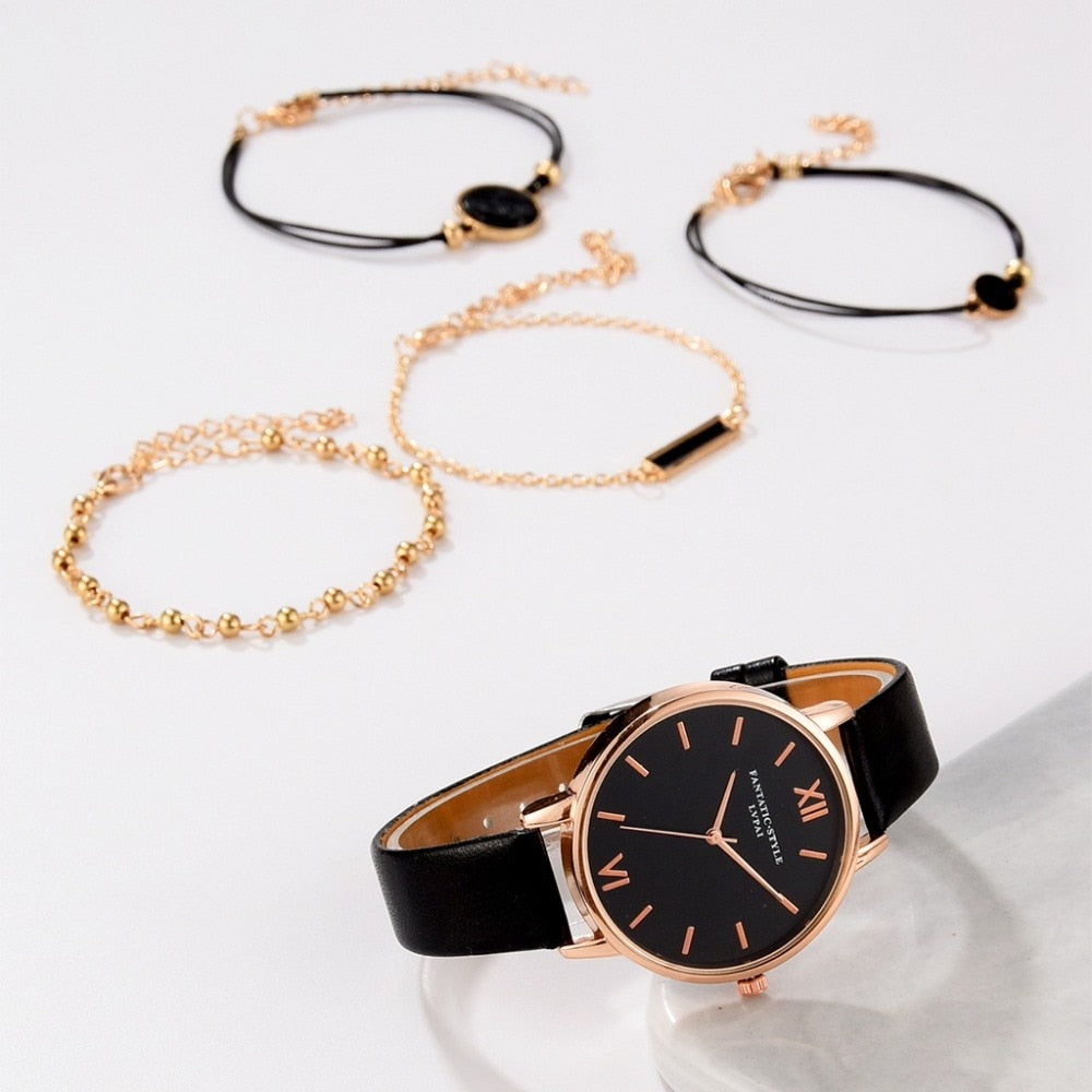 5-Piece Watch & Bracelet Stack Set | Analog Quartz Watch + 4 Stackable Bracelets