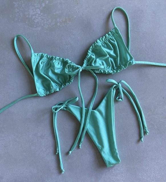 Ruched Triangle Bikini Set | String Tie Top & Side-Tie Brazilian Bottoms