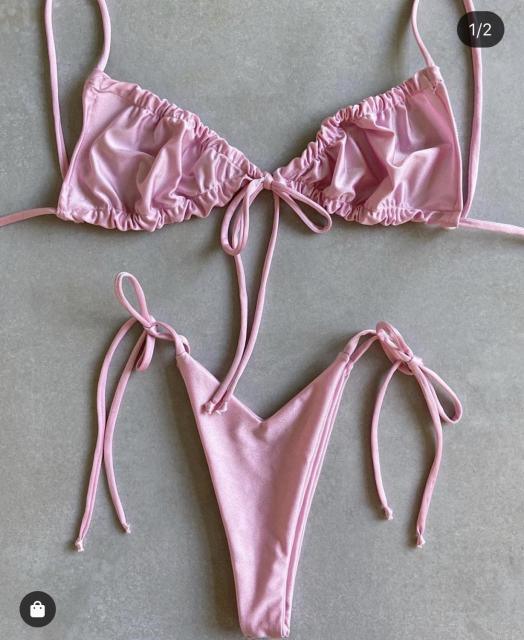 Ruched Triangle Bikini Set | String Tie Top & Side-Tie Brazilian Bottoms