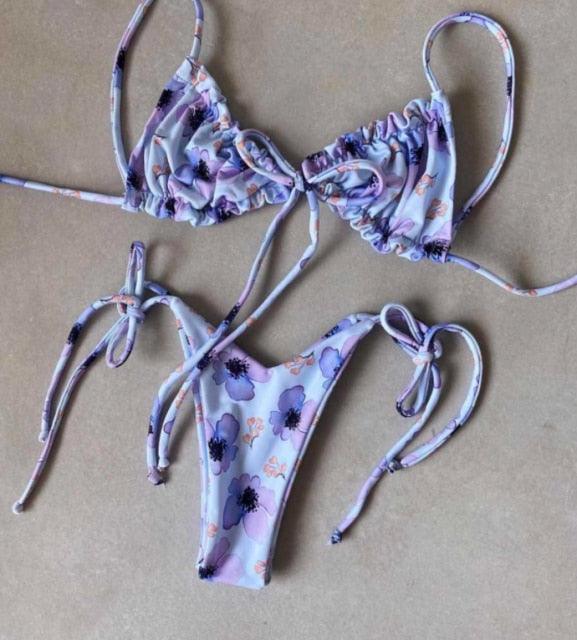 Ruched Triangle Bikini Set | String Tie Top & Side-Tie Brazilian Bottoms