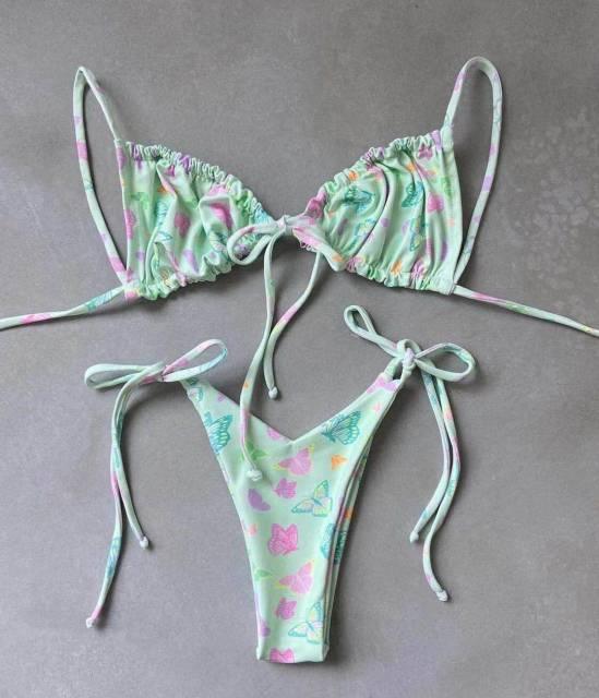Ruched Triangle Bikini Set | String Tie Top & Side-Tie Brazilian Bottoms