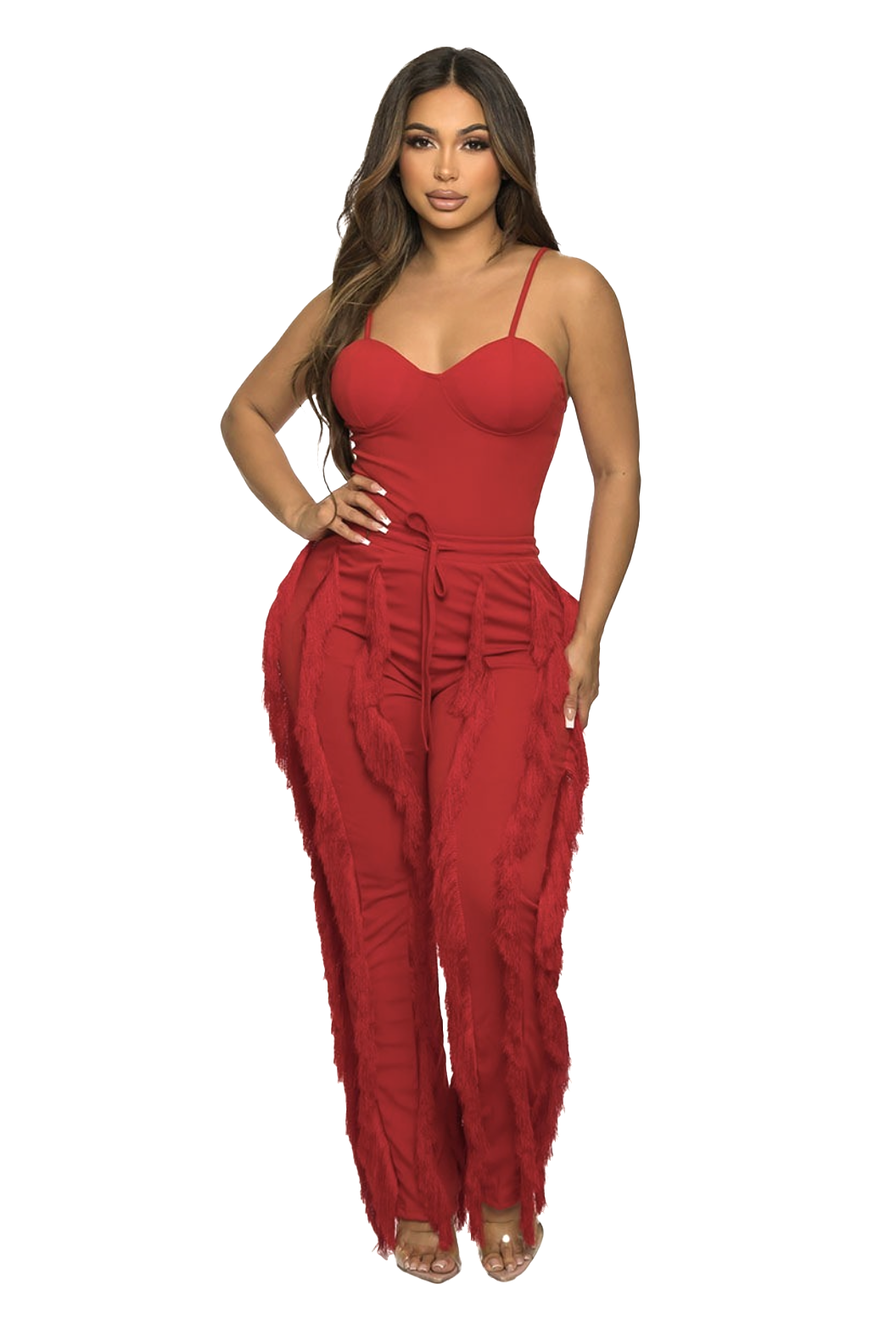 Sweetheart Bodysuit & Diagonal Fringe Wide-Leg Pants Set – Khaki